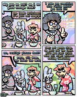 4_panel_comic alcohol aloha_shirt anthro beverage bow_tie cheek_spots cheek_tuft clothing container cup dialogue drinking_glass eyewear facial_tuft female floppy_ears food fur glass glass_container glass_cup glasses grey_hair group hair half-closed_eyes male narrowed_eyes overalls pasta pattern_clothing pattern_shirt pattern_topwear shirt smile spaghetti speech_bubble sweater teeth text tooth_gap topwear trio tuft white_body white_fur wide_eyed wine wine_glass yellow_body yellow_fur rawdawgcomics bingus_(rawdawgcomics) stahli_(rawdawgcomics) bird_dog canid canine canis domestic_dog golden_retriever hunting_dog lagomorph leporid mammal rabbit retriever 4:5 comic english_text hi_res