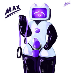 anthro balls bodily_fluids collar cum eyes_closed femboy genital_fluids genitals intersex leash leashed_collar logo logo_on_body machine male open_mouth penis purple_penis screen screen_face simple_background solo standing sweat sweatdrop text thick_thighs white_body white_eyes atlant_62_1 messenger_max sferum chatty_(max) living_machine robot 1:1 absurd_res english_text hi_res