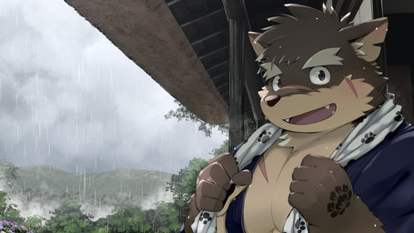 anthro asian_clothing black_nose clothing cloud east_asian_clothing eyebrows forest fur grey_body grey_eyes grey_fur japanese_clothing kemono looking_at_viewer male multicolored_body multicolored_fur notched_ear plant raining scar smile smiling_at_viewer solo teeth towel tree two_tone_body two_tone_fur white_eyebrows yukata kinoshita-jiroh lifewonders tokyo_afterschool_summoners moritaka_(tas) canid canine canis domestic_dog mammal 16:9 2021 digital_drawing_(artwork) digital_media_(artwork) hi_res widescreen