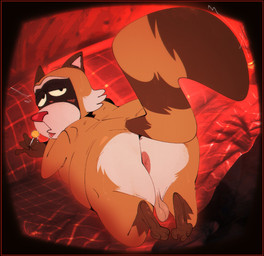 all_fours anthro anus backsack balls belly biped blush brown_body butt candy dessert food genitals lollipop male overweight overweight_male solo the-alfie-incorporated robot_dreams rascal_(robot_dreams) mammal procyonid raccoon 2025 hi_res