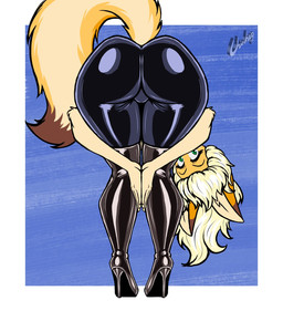 anthro bending_down blonde_hair bottomwear butt clothing ears_up eyebrows eyelashes female footwear fur green_eyes hair high_heels latex latex_clothing looking_at_viewer looking_back looking_back_at_viewer orange_body orange_fur pants shoes solo tail chisheq nadia_(chisheq) canid canine fennec_fox fox mammal true_fox hi_res