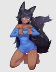 animal_ears black_body black_fur black_hair black_tail blue_clothing bottomless clothed clothing dark_body dark_skin female fluffy fluffy_tail fur gesture hair heart_gesture highlights_(coloring) kneeling long_hair long_sleeves looking_at_viewer pose pupils smile solo tail topwear white_pupils benzbt holo_(argorrath) animal_humanoid canid canid_humanoid canine canine_humanoid fox_humanoid humanoid mammal mammal_humanoid absurd_res hi_res