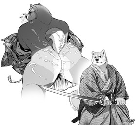 after_anal after_sex anthro asian_clothing bodily_fluids breath butt clothing countershade_butt countershading cum cum_in_ass cum_inside cum_on_back cum_on_butt curled_tail discarded_clothing east_asian_clothing genital_fluids half-closed_eyes japanese_clothing katana kimono looking_back lying male mature_anthro mature_male melee_weapon narrowed_eyes nude on_front panting rear_view samurai simple_background solo spread_legs spreading sword tail text undressed warrior weapon kamudragon canid canine canis domestic_dog mammal shiba_inu spitz 2020 absurd_res english_text hi_res monochrome multiple_images