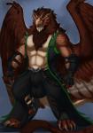 anthro avian balls_outline beak big_bulge body_hair bulge chest_hair clothed clothing conditional_dnp detailed_bulge feathered_wings feathers fingerless_gloves genital_outline gloves gryphon handwear hi_res inkydemon jacket looking_at_viewer male muscular muscular_anthro muscular_male mythological_avian mythological_creature mythology open_clothing open_jacket open_topwear sheath_outline smile solo standing tail topwear wings