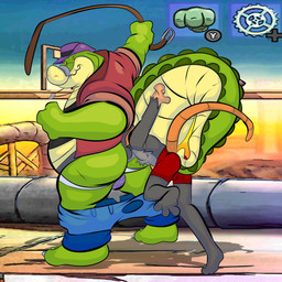 anthro belly bottomwear bottomwear_down butt clothed clothing detailed_background duo green_body grey_body hat headgear headwear male male/male outside overweight overweight_male pants pants_down partially_clothed shirt smile topwear underwear joesanchez brok_the_investigator cowcat_games brok_(brok_the_investigator) alligator alligatorid crocodilian mammal murid murine rat reptile rodent scalie 1:1 2025 absurd_res hi_res
