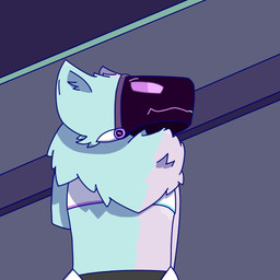 ambiguous_gender black_background blue_background blue_body blue_ears blue_fur clothing fur looking_aside machine multicolored_body multicolored_fur neck_tuft pattern_background pink_body pink_eyes pink_fur screen screen_face simple_background solo striped_background topwear tuft two_tone_body two_tone_fur mauvedash dash_(mauvedash) protogen 1:1 cel_shading digital_media_(artwork) half-length_portrait portrait shaded female_(lore)