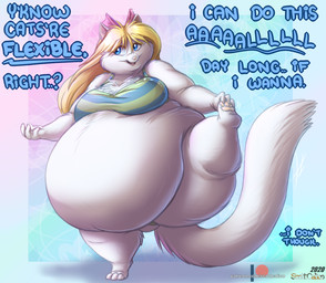 anthro belly big_belly big_breasts blonde_hair blue_eyes breasts female fur hair huge_belly hyper hyper_belly overweight overweight_anthro overweight_female solo text thick_thighs white_body white_fur wide_hips scott_calico tevy_(scott_calico) domestic_cat felid feline felis mammal 2020