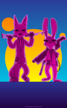 anthro badge barefoot clothed clothing duo feet female front_view gun half-closed_eyes handgun holding_gun holding_object holding_ranged_weapon holding_weapon long_ears looking_at_viewer male narrowed_eyes necktie poster poster_template ranged_weapon rifle shoulder_bag suit sun synthwave text walking weapon fanartiguess disney zootopia judy_hopps nick_wilde canid canine fox lagomorph leporid mammal rabbit red_fox true_fox 2016 5:8 absurd_res hi_res url