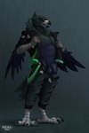 2024 2:3 absurd_res anthro arm_feathers artist_logo avian avian_feet balls beak bird blue_body blue_feathers clothed clothing corvid corvus_(genus) digital_media_(artwork) digitigrade feathers flaccid foreskin genitals green_body green_eyes green_feathers hand_in_pocket hi_res humanoid_genitalia humanoid_penis logo male oscine partially_clothed passerine pecs penis pockets qr_code raven reku_illustration removed_clothing solo standing