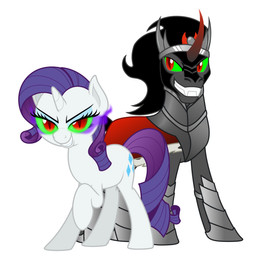 armor black_hair cape clothed clothing collar corruption cutie_mark duo female feral fur fur_trim_(clothing) greaves green_sclera grey_body grey_fur hair horn male nude posture_collar pupils purple_hair quadruped raised_leg red_eyes simple_background slit_pupils standing white_body white_fur unknown_artist friendship_is_magic hasbro my_little_pony mythology king_sombra_(mlp) rarity_(mlp) equid equine mammal mythological_creature mythological_equine unicorn digital_media_(artwork)