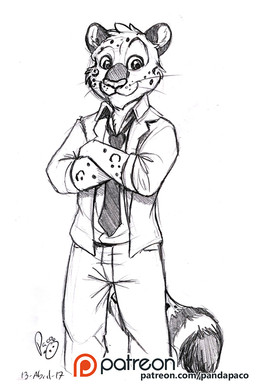 anthro bottomwear clothed clothing crossed_arms front_view glistening glistening_eyes logo looking_at_viewer male male_anthro mouth_closed necktie open_clothing open_topwear pants patreon_logo simple_background solo standing topwear whiskers pandapaco patreon felid mammal 2017 artist_logo portrait signature sketch spot_color three-quarter_portrait