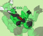 animal_genitalia animal_penis anthro biped canine_genitalia canine_penis dipstick_tail erection feet fur genitals green_body green_fur hindpaw knot looking_at_viewer lying male markings nude on_back open_mouth paws penis presenting red_penis solo tail tail_markings tongue renardfoxx toxic_(character) canid canine fox mammal