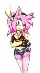 accessory anthro clothing cosplay female fingerless_gloves flame_bikini flame_pattern fur gloves green_eyes hair_accessory hairband handwear legwear midriff one_eye_closed pink_body pink_fur scarf seductive simple_background solo stockings wink amortem-kun sega sonic_the_hedgehog_(series) tengen_toppa_gurren_lagann amy_rose yoko_littner eulipotyphlan hedgehog mammal