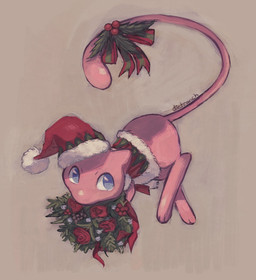 ambiguous_gender anthro blue_eyes bouquet christmas_clothing christmas_headwear clothing flower hat headgear headwear holding_bouquet holding_flower holding_object holidays holly_(plant) looking_at_viewer paws pinecone pink_body plant rose_(flower) santa_hat simple_background solo tail dietranch christmas nintendo pokemon generation_1_pokemon legendary_pokemon mew_(pokemon) pokemon_(species) 2025 hi_res signature