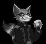 2020 3_fingers alcohol alpha_channel annoyed anthro belt beverage clothed clothing digital_drawing_(artwork) digital_media_(artwork) fangs fingerless_gloves fingers front_view fur gloves guardians_of_the_galaxy handwear jacket krolik long_tail male mammal marvel monochrome portrait pose procyonid raccoon rocket_raccoon sharp_teeth signature solo standing striped_body striped_fur stripes tail teeth topwear