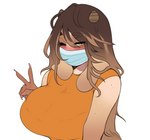 anthro big_breasts blush breasts clothing female hair huge_breasts mask medical_instrument pandemic scientific_instrument simple_background solo surgical_mask cherrikissu caramel_(cherrikissu) bovid bovine cattle mammal 2020 hi_res