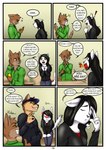 angry anthro embarrassed excited eyewear female glasses group heart_symbol male pouting sighing smitten surprised_expression teasing text bluetoxic devin_fox jesse_cat melissa_cat canid canine domestic_cat felid feline felis fox mammal absurd_res english_text hi_res