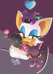 :< anthro black_body blue_eyes blue_eyeshadow breasts carrying_another cleavage clothed clothing eyelashes eyeshadow female heart_symbol makeup on_head purple_body solo spade_tail tail white_body wings quark19601 sega sonic_the_hedgehog_(series) rouge_the_bat bat chao_(sonic) dark_chao mammal 2019 digital_drawing_(artwork) digital_media_(artwork) signature