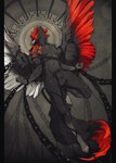 animal_genitalia anthro arm_tattoo balls black_body black_fur bound chain chained feathered_wings feathers fully_sheathed fur genitals hair male markings red_hair sheath solo spread_wings tattoo tribal tribal_markings wings fireflufferz xion_archaeus canid canine canis mammal wolf hi_res