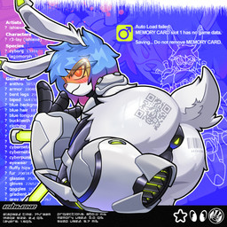 anal anal_penetration anthro armor backsack balls barcode barcode_tattoo bedroom_eyes bent_leg big_butt biped blue_background blue_hair body_writing butt buttplug buttplug_in_ass buttplug_insertion clothing codpiece cybernetic_arm cybernetic_leg cybernetic_limb cybernetics cyberpunk eyewear femboy fluffy_hips fur gender_symbol genitals glasses gloves goggles gradient_hair grey_inner_ear hair handwear knee_pads legwear looking_at_viewer looking_back machine male male_anthro male_symbol narrowed_eyes object_in_ass penetration plug_(sex_toy) plug_insertion presenting presenting_hindquarters qr_code raised_tail rear_view scut_tail seductive sex_toy sex_toy_in_ass sex_toy_insertion short_tail shoulder_pads simple_background smile solo symbol tail tattoo text thick_thighs thrusters triangle_nose white_body white_ears white_fur writing_on_butt ishiexe ravepop_(russelbuck) r3-lay_(ishiexe) cyborg lagomorph leporid mammal rabbit 1:1 digital_media_(artwork) english_text hi_res