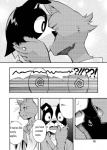 anthro black_and_white blush canid canine canis comic dialogue digital_media_(artwork) domestic_cat domestic_dog duo english_text felid feline felis harusuke hi_res japanese_text kiss_on_lips kissing male male/male mammal monochrome surprise_kiss text