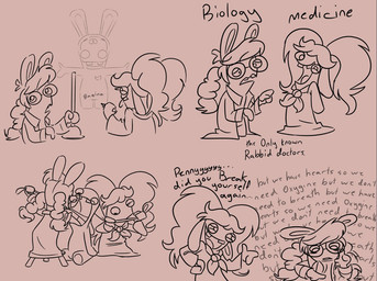 ambiguous_anthro ambiguous_gender anthro asking_another black_eyes brown_background brown_clothing brown_dress brown_lab_coat brown_scarf brown_teeth buckteeth clothed clothed_anthro clothed_female clothing coat dialogue doctor dress female gesture group hair hand_gesture hand_on_hip hand_on_own_hip holding_ear holding_marker holding_object holding_plunger holding_tongue holding_tool lab_coat left-handed lidded_eyes long_ears long_hair looking_at_tongue marker name_in_dialogue narrowed_eyes no_pupils noseless nude_ambiguous nude_anthro one_eye_closed open_mouth open_smile pigtails plunger pointing pointing_at_another scarf simple_background smile smiling_at_viewer squint standing standing_on_stool teeth text thinking thoughts tongue tongue_out tools topwear trio worried_look insert-thenewbl-here nintendo raving_rabbids rayman_(series) ubisoft warioware fan_character rabbid_ashley rabbid_penny lagomorph mammal rabbid 2024 digital_drawing_(artwork) digital_media_(artwork) english_description english_text multiple_images