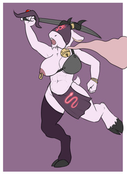 anthro armor big_breasts blindfold bottomwear bracelet breasts clothed clothing female fur hooves horn jewelry legwear loincloth melee_weapon nipple_piercing nipples one_breast_out piercing simple_background solo stockings sword tail thick_thighs weapon white_body blackbetty warhammer_(franchise) bovid caprine goat mammal slaangor hi_res