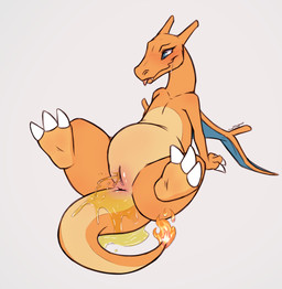 anthro blush bodily_fluids female female_peeing genital_fluids genitals lying membrane_(anatomy) membranous_wings non-mammal_vulva nude on_back orange_body peeing saliva saliva_string simple_background smile solo spread_legs spreading tail teeth tongue tongue_out urine urine_on_ground urine_pool urine_stream vulva watersports wetting wings slowderpyguy mythology nintendo pokemon charizard dragon generation_1_pokemon mythological_creature mythological_scalie pokemon_(species) scalie digital_media_(artwork)