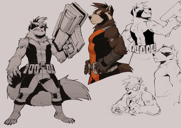 5_fingers anthro brown_body brown_fur claws clothed clothed_anthro clothed_male clothing fingers fur gun holding_gun holding_object holding_ranged_weapon holding_weapon humanoid_hands male muscular muscular_male ranged_weapon red_eyes weapon mashtateos guardians_of_the_galaxy marvel rocket_raccoon mammal procyonid raccoon 2026 absurd_res colored hi_res