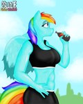 abs anthro beverage bodily_fluids bottle bottomwear butt clothing container exercise female hair multicolored_hair multicolored_tail muscular muscular_anthro muscular_female pink_eyes rainbow_hair rainbow_tail sky soda soda_bottle solo sweat sweatdrop tail topwear wings workout workout_clothing rcblackdie friendship_is_magic hasbro my_little_pony mythology rainbow_dash_(mlp) animal_humanoid equid equid_humanoid equine horse humanoid mammal mammal_humanoid mythological_creature mythological_equine pegasus pegasus_humanoid pony hi_res