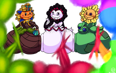 anthro anthrofied big_butt biped black_freckles black_petals blue_petals bottomwear breasts brown_body butt butt_focus butt_squish button_(fastener) button_eyes clothing eye_patch eyelashes eyewear fangs fart fart_cloud fart_fetish female flower freckled_butt freckled_face freckles gem green_body green_fart_cloud group hand_fan huge_butt hyper hyper_butt leaf leaf_arms looking_at_viewer looking_back looking_back_at_viewer mummy_wrappings pearl_(gem) plant plushie rainbow_fart_cloud red_fart_cloud simple_background skirt squish stitch_(sewing) teeth trio uraeus white_background white_body yellow_petals hamb0ne electronic_arts garden_warfare plants_vs._zombies popcap_games stuffy_sunflower sun_pharaoh vampire_sunflower elemental_creature flora_fauna flower_creature 2025 hi_res
