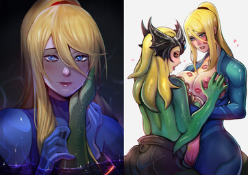 black_sclera blonde_hair blue_eyes breast_grab breasts clothed clothing crossover_ship crown duo exposed_breasts female female/female hair hand_on_breast headgear kiss_mark lipstick_fetish lipstick_on_body lipstick_on_face nipples partially_submerged red_eyes romantic romantic_couple size_difference smile split_form unzipped unzipped_bodysuit zero_suit zipper xuuikie league_of_legends metroid nintendo riot_games tencent nami_(lol) samus_aran aquatic human humanoid mammal merfolk crossover hi_res