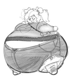 ambiguous_gender anthro belt bottomwear butt clothing denim denim_bottomwear denim_clothing denim_shorts eyes_closed hair inflation monobutt open_mouth ponytail purse shorts spherical_inflation synthosad canid canine canis domestic_dog mammal 2025 monochrome sketch