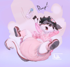 5_fingers accessory after_transformation age_regression ambiguous_gender anthro baby_bottle big_diaper black_hair black_sclera bow_accessory bow_ribbon clean_diaper clothed clothing diaper dress fingerless_(marking) fingers footwear frilly frilly_clothing frilly_dress fur grey_body grey_fur grey_tail hair hair_accessory hair_bow hair_ribbon huge_diaper knee_highs knee_socks legwear logo mary_janes multicolored_body multicolored_fur multicolored_tail narrowed_eyes navel open_mouth pink_bow pink_clothing pink_diaper pink_dress pink_footwear pink_socks poof_transformation purple_background reaching_for_object red_body red_fur red_tail ribbons shoes simple_background sitting sitting_on_diaper snaggle_tooth socks solo tail tail_tuft tuft upset wearing_diaper white_body white_fur white_tail young wob foy cryo_lithius sergal 2018 absurd_res artist_logo full-length_portrait hi_res portrait