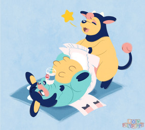 anthro biped blush bottle caretaker clean_diaper container dairy_products diaper diaper_change duo female female/female food milk moomoo_milk cherryl conditional_dnp nintendo pokemon fan_character milly_(lowpolypuppy) generation_2_pokemon miltank pokemon_(species) hi_res