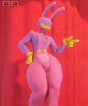 anthro blinking circus male one_eye_closed overalls_only purple_body smile solo wide_hips wink anxiboi glitch_productions the_amazing_digital_circus jax_(tadc) lagomorph leporid mammal rabbit 2023 3d_(artwork) 5:6 absurd_res digital_media_(artwork) hi_res