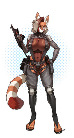 anthro belt big_breasts blue_eyes breast_squish breasts brown_body brown_fur cleavage clothed clothing dog_tags eyebrows eyelashes eyewear feet female fur glasses glistening glistening_breasts gun hair hand_on_hip huge_breasts inner_ear_fluff knee_pads markings navel one-piece_swimsuit orange_body orange_fur ranged_weapon ring_(marking) ringed_tail shrug_(clothing) sling_bikini solo squish striped_markings striped_tail stripes submachine_gun swimwear tail tail_markings tuft weapon white_body white_fur white_hair pgm300 ailurid mammal red_panda 2026 absurd_res hi_res