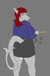 angry anthro big_breasts big_butt bottomwear breasts butt clothed clothing female fully_clothed furgonomics hair looking_at_viewer non-mammal_breasts red_eyes red_hair simple_background skirt slightly_chubby solo tail tail_through_skirt dr_zombie samantha_diletto fish marine shark