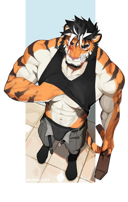 abs anthro bandage bandage_on_face barazoku belt biceps black_belt black_clothing black_footwear black_hair black_shirt black_socks black_tank_top black_topwear black_underwear body_hair bottomwear chest_hair clothed clothing clothing_lift deltoids eye_scar facial_hair facial_scar floor footwear fur goatee grey_bottomwear grey_clothing grey_pants hair highlights_(coloring) holding_bag male muscular muscular_anthro muscular_male navel nipples open_belt open_bottomwear open_clothing open_pants orange_body orange_fur pants pecs pink_nose red_eyes scar scratching_self shirt shirt_lift socks solo striped_body striped_fur stripes tank_top text tile tile_floor topwear underwear white_highlights aonan_south felid mammal pantherine tiger 2024 artist_name dated hi_res