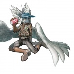 clothed clothing feathered_wings feathers female fully_clothed hat headgear headwear holding_object simple_background solo white_background wings kawaguchi_youhei avian 1:1