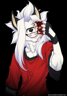 anthro blood bodily_fluids clothing fangs fingerless_gloves flesh fur gloves gore gums hair handwear male one_eye_obstructed red_clothing red_shirt red_topwear self-harm shirt solo teeth topwear torn_face white_body white_fur white_hair yellow_eyes deonwolf deon_(deonwolf) canid canine canis mammal wolf 2017 digital_media_(artwork) hi_res