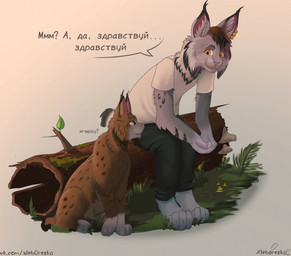 anthro beige_shirt brown_body brown_fur clothing dark_pants duo feral fur golden_rings grey_body grey_fur light_shirt male orange_eyes paws piercing sitting smile stump text xleb0rezka rocky_(xleb0rezka) felid feline lynx mammal hi_res russian_text translated url