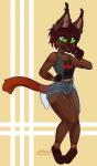2017 anklet anthro barefoot big_eyes biped bottomwear bracelet brown_hair cheek_tuft clothed clothing ear_tuft facial_tuft feet felid female fur green_eyes hair hand_on_hip hi_res honesty_(artist) inner_ear_fluff jewelry mammal necklace shirt short_hair shorts simple_background small_waist smile solo star_wars topwear translucent translucent_clothing tuft wide_hips