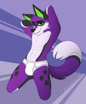 abs anthro black_body black_fur briefs bulge clothing fur green_body green_eyes green_fur hands_behind_head kneeling looking_at_viewer male open_mouth purple_body purple_fur simple_background solo teeth_showing tighty_whities underwear white_briefs white_clothing white_underwear sebtheredpanda gonifox canid canine fox mammal absurd_res hi_res