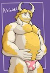 2021 anthro asgore_dreemurr barazoku beard belly blonde_hair body_hair boss_monster_(undertale) bovid bulge caprine character_name clothing facial_hair goat hair hand_on_belly hi_res horn jrjresq looking_at_viewer male mammal mature_anthro mature_male musclegut muscular muscular_anthro muscular_male pinup portrait pose purple_background simple_background solo standing text thong three-quarter_portrait undertale undertale_(series) underwear white_body