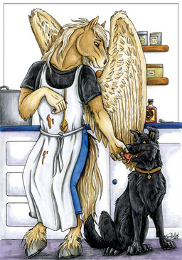 2005 anthro apron black_body black_clothing black_fur black_nose black_shirt black_topwear brown_eyes canid canine canis clothing collar collar_tag conditional_dnp cooking cooking_pot digitigrade domestic_dog equid equine feeding feral food fur hooves kitchen looking_down mammal mythological_creature mythological_equine mythology pegasus shirt tan_body tan_fur tani_da_real topwear treat wings wooden_spoon