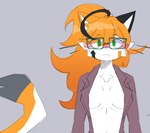 anthro black_body black_fur blush breasts calico_cat clothing digital_media_(artwork) domestic_cat exyli eyebrows eyewear felid feline felis female flux_(exyli) fur glasses green_accessory green_eyes hair low_res mammal mostly_nude mottled orange_body orange_fur orange_hair piebald simple_background solo tuft white_body white_fur