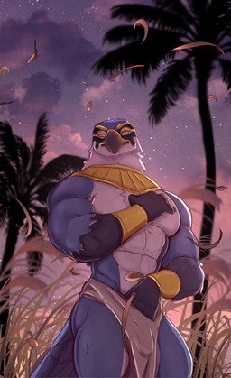 abs accessory anthro beak biped black_beak black_hands blue_body blue_feathers bulge butt clothing cosmic_background detailed_bulge egyptian egyptian_clothing feathers genital_outline gold_(metal) gold_jewelry grass jewelry leaf leaves_blowing male male_anthro muscular muscular_anthro muscular_male navel night palm_tree pecs penis_outline plant sky solo standing star starry_background starry_sky tree tropical usekh white_body white_feathers yellow_eyes ilikeanubis egyptian_mythology middle_eastern_mythology mythology horus avian bird deity falcon falconid hybrid mammal absurd_res hi_res