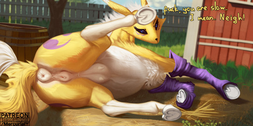 alternate_species animal_genitalia animal_vulva anus arm_warmers armwear black_sclera blue_eyes butt clothing dialogue equine_genitalia equine_vulva female feral fur genitals hooves looking_at_viewer looking_back looking_back_at_viewer lying on_side presenting presenting_hindquarters puffy_anus solo tail teats text vulva yellow_body yellow_fur yellow_tail conditional_dnp mercurial64 bandai_namco digimon canid digimon_(species) equid equine horse hybrid mammal renamon english_text hi_res