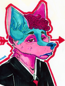 abstract_background afro alternate_species ambiguous_gender anthro arrow_(weapon) big_ears biped black_clothing black_eyebrows black_lips black_nose black_topwear blue_body blue_ears blue_fur blue_inner_ear blue_inner_ear_fluff blue_nose button_(fastener) cheek_tuft clothed clothing collared_shirt countershade_face countershading curly_hair dress_shirt ear_tuft ears_up eyebrows eyelashes facial_tuft fangs femboy fluffy front_view frown fully_clothed fur furrification glistening glistening_eyes glistening_hair glistening_nose green_body grey_clothing hair half-closed_eyes head_tuft heart_symbol inner_ear_fluff jewelry lips lipstick looking_aside looking_at_viewer looking_away makeup male markings messy_hair multicolored_body multicolored_fur multicolored_hair narrowed_eyes neck_tuft necklace necktie open_mouth outline pink_body pink_ears pink_fur pink_hair pink_skin pupils purple_hair purple_nose ranged_weapon red_eyes red_hair shirt short_hair simple_background snout solo sparklefur standing suit suit_jacket teeth tired topwear tuft two_tone_body two_tone_fur uniform weapon white_background white_clothing white_shirt white_topwear zaverose canid canine canis fox hybrid mammal maned_wolf wolf absurd_res bust_portrait colored colorful_theme digital_media_(artwork) digital_painting_(artwork) half-length_portrait hi_res marker_(artwork) mixed_media painting_(artwork) portrait shaded signature traditional_media_(artwork)